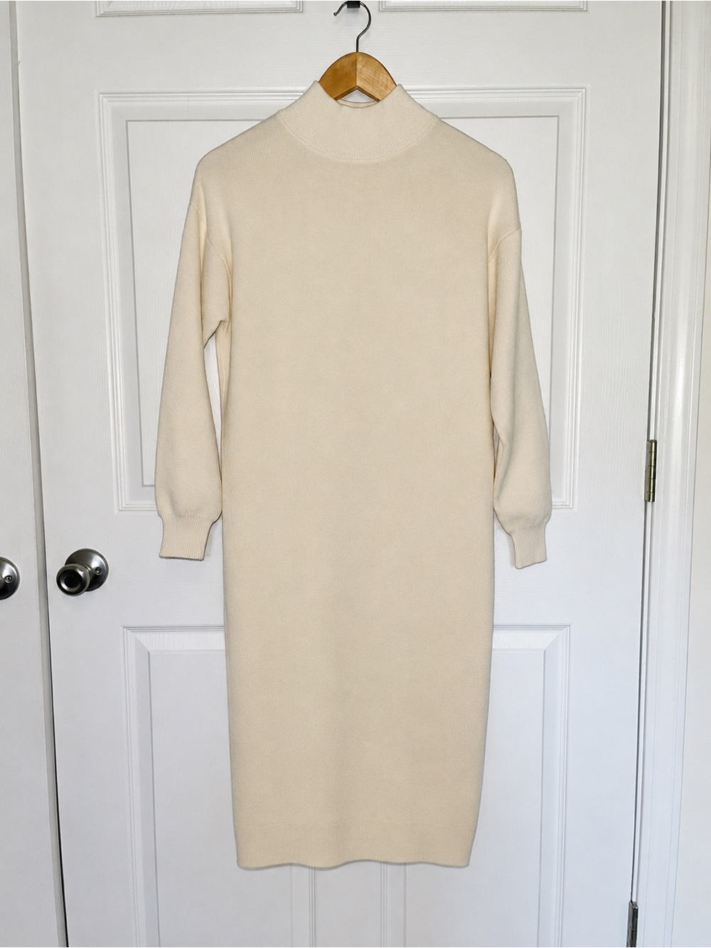 Elegant Bella Ella Cream Midi Knit Dress with Mock Neck